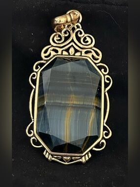 Barse Gold-Tone Bronze Pendant with Blue and Yellow Tiger's Eye